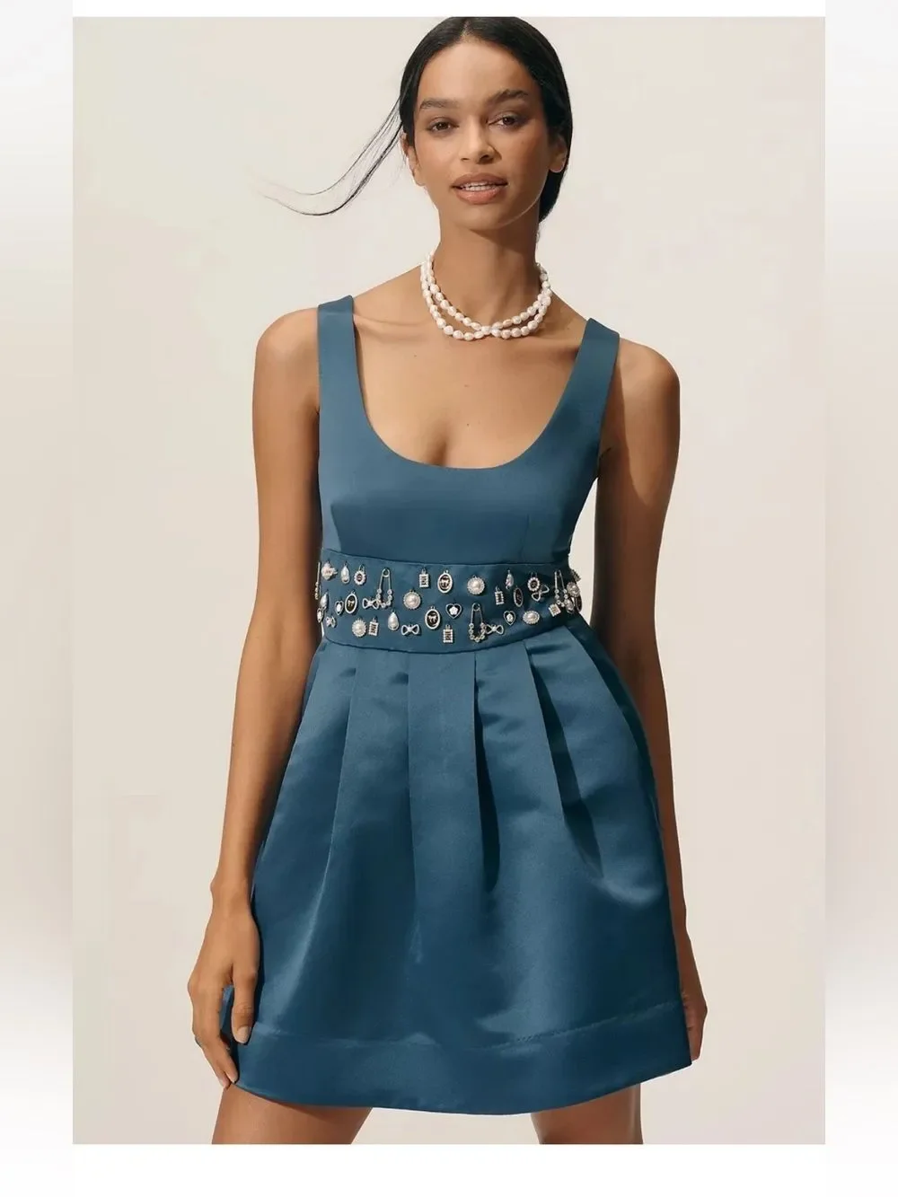 NWT Anthropologie Maeve Satin Belted Charm Mini Dress Midnight Sail $258 - Picture 2 of 5